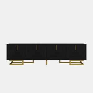 Móvel de TV Lowboard - Portas estruturadas, puxadores e pés dourados - Preto
