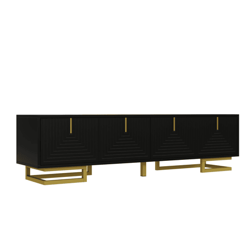 Móvel de TV Lowboard - Portas estruturadas, puxadores e pés dourados - Preto