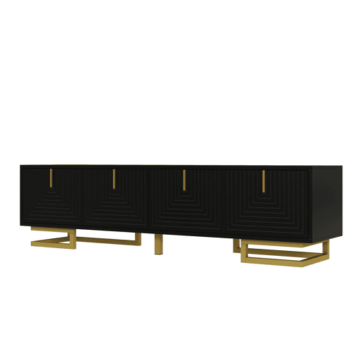 Móvel de TV Lowboard - Portas estruturadas, puxadores e pés dourados - Preto