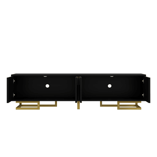 Móvel de TV Lowboard - Portas estruturadas, puxadores e pés dourados - Preto