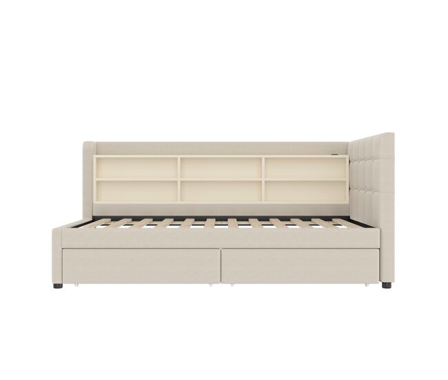Sofá cama 90x200 cm - con 2 cajones, usb + tipo c, compartimentos, con somier - beige