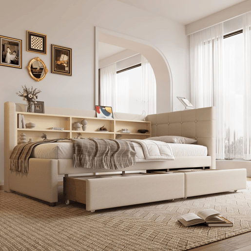 Sofá-cama 90x200 cm - com 2 gavetas, USB + Tipo C, compartimentos, com estrado - Bege
