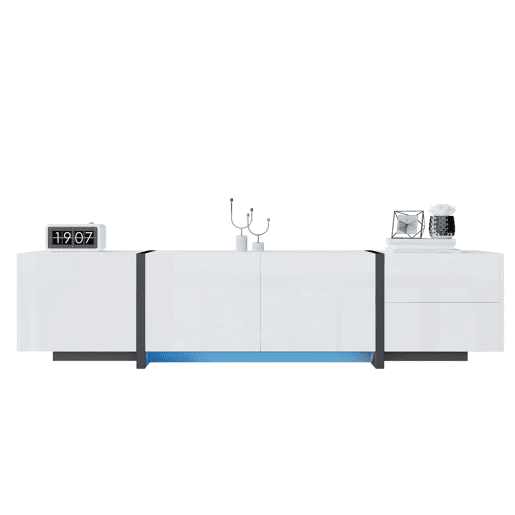 Móvel de TV - alto brilho com portas e gavetas, pés pretos - branco