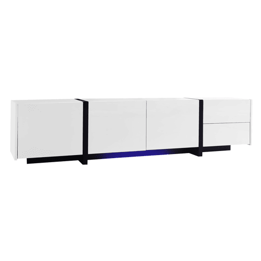 Móvel de TV - alto brilho com portas e gavetas, pés pretos - branco