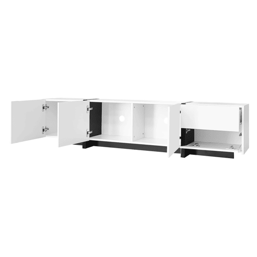 Móvel de TV - alto brilho com portas e gavetas, pés pretos - branco