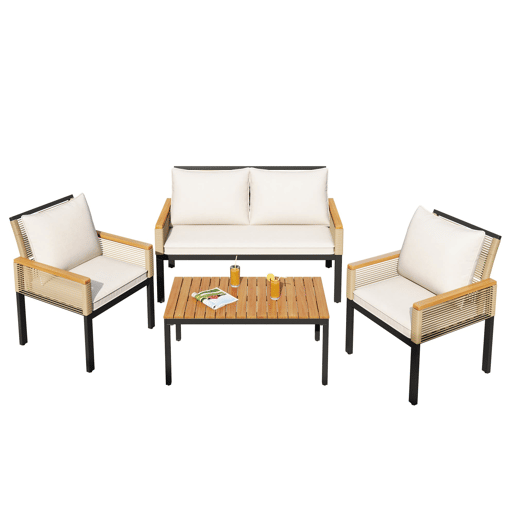 Conjunto de jardim de 4 peças - Sofá duplo, 2 cadeiras e mesa, Rattan, Bege