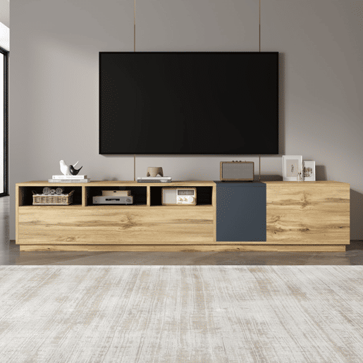 Móvel de TV moderno 200 cm - Design contrastante, compartimentos abertos - Preto, Cinza, Natural