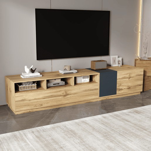 Móvel de TV moderno 200 cm - Design contrastante, compartimentos abertos - Preto, Cinza, Natural