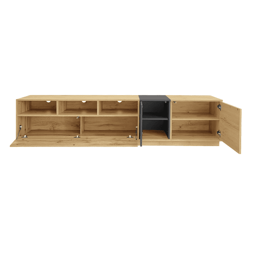 Móvel de TV moderno 200 cm - Design contrastante, compartimentos abertos - Preto, Cinza, Natural