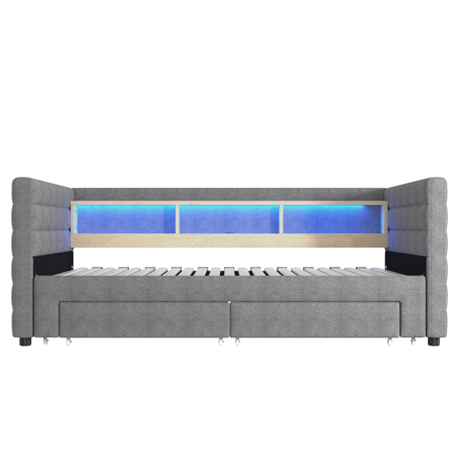 Sofá-cama 90x190 cm - Design multifuncional, portas USB e Tipo-C, 2 gavetas, arrumação, cinzento Sofá-cama 90x190 cm - Design multifuncional, portas USB e Tipo-C, 2 gavetas, arrumação, cinzento