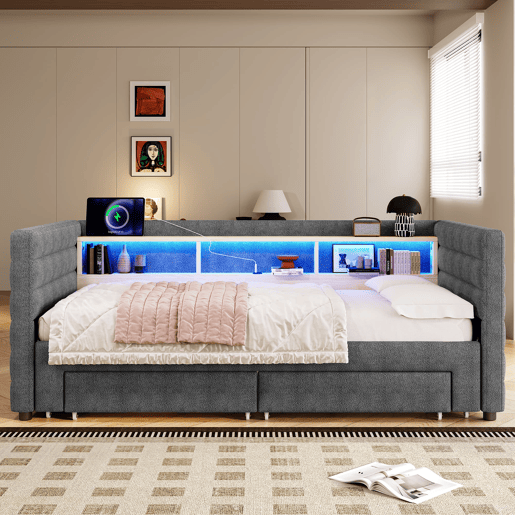Sofá-cama 90x190 cm - Design multifuncional, portas USB e Tipo-C, 2 gavetas, arrumação, cinzento Sofá-cama 90x190 cm - Design multifuncional, portas USB e Tipo-C, 2 gavetas, arrumação, cinzento