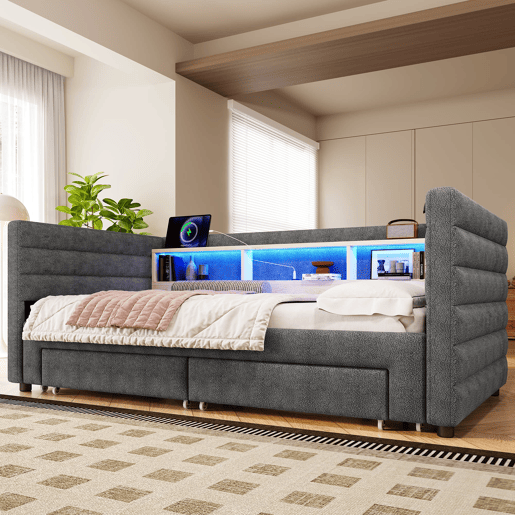 Sofá-cama 90x190 cm - Design multifuncional, portas USB e Tipo-C, 2 gavetas, arrumação, cinzento Sofá-cama 90x190 cm - Design multifuncional, portas USB e Tipo-C, 2 gavetas, arrumação, cinzento