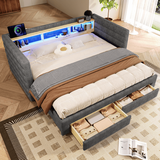 Sofá-cama 90x190 cm - Design multifuncional, portas USB e Tipo-C, 2 gavetas, arrumação, cinzento Sofá-cama 90x190 cm - Design multifuncional, portas USB e Tipo-C, 2 gavetas, arrumação, cinzento