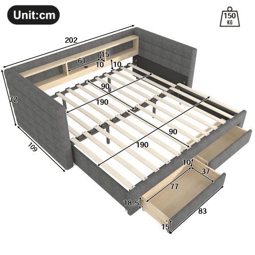 Sofá-cama 90x190 cm - Design multifuncional, portas USB e Tipo-C, 2 gavetas, arrumação, cinzento Sofá-cama 90x190 cm - Design multifuncional, portas USB e Tipo-C, 2 gavetas, arrumação, cinzento