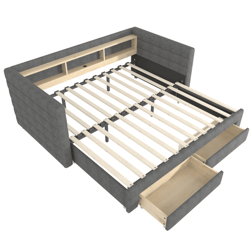 Sofá-cama 90x190 cm - Design multifuncional, portas USB e Tipo-C, 2 gavetas, arrumação, cinzento Sofá-cama 90x190 cm - Design multifuncional, portas USB e Tipo-C, 2 gavetas, arrumação, cinzento