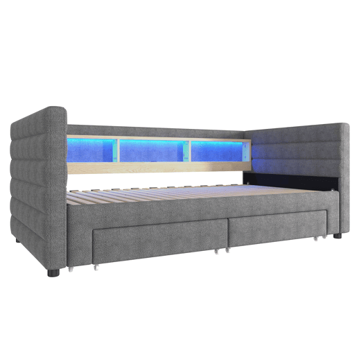 Sofá-cama 90x190 cm - Design multifuncional, portas USB e Tipo-C, 2 gavetas, arrumação, cinzento Sofá-cama 90x190 cm - Design multifuncional, portas USB e Tipo-C, 2 gavetas, arrumação, cinzento