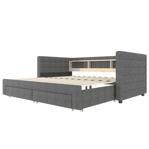 Sofá-cama 90x190 cm - Design multifuncional, portas USB e Tipo-C, 2 gavetas, arrumação, cinzento Sofá-cama 90x190 cm - Design multifuncional, portas USB e Tipo-C, 2 gavetas, arrumação, cinzento