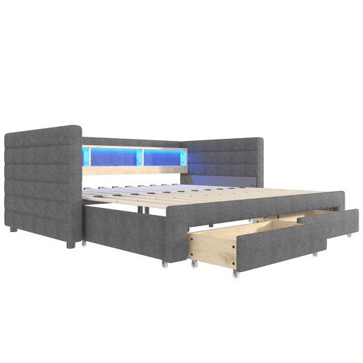 Sofá-cama 90x190 cm - Design multifuncional, portas USB e Tipo-C, 2 gavetas, arrumação, cinzento Sofá-cama 90x190 cm - Design multifuncional, portas USB e Tipo-C, 2 gavetas, arrumação, cinzento