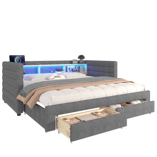 Sofá-cama 90x190 cm - Design multifuncional, portas USB e Tipo-C, 2 gavetas, arrumação, cinzento Sofá-cama 90x190 cm - Design multifuncional, portas USB e Tipo-C, 2 gavetas, arrumação, cinzento