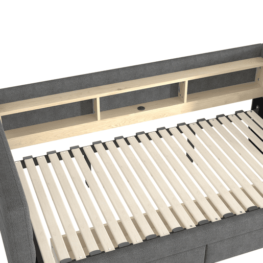 Sofá-cama 90x190 cm - Design multifuncional, portas USB e Tipo-C, 2 gavetas, arrumação, cinzento Sofá-cama 90x190 cm - Design multifuncional, portas USB e Tipo-C, 2 gavetas, arrumação, cinzento