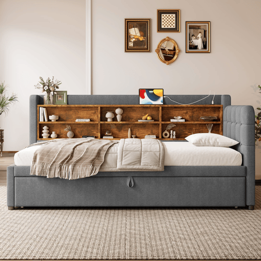 Sofá-cama 90x200 cm - Design multifuncional, USB + Tipo C, várias superfícies de armazenamento - Cinza
