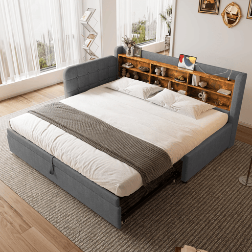 Sofá-cama 90x200 cm - Design multifuncional, USB + Tipo C, várias superfícies de armazenamento - Cinza