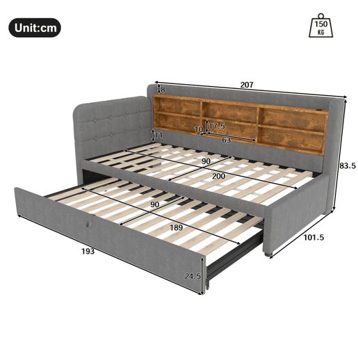Sofá-cama 90x200 cm - Design multifuncional, USB + Tipo C, várias superfícies de armazenamento - Cinza