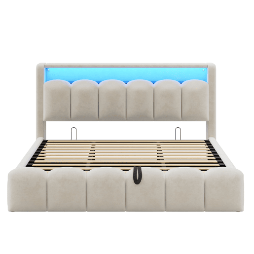 Cama multifuncional 180x200 cm - Função hidráulica, portas USB e LED, design em pétalas - Bege Cama multifuncional 180x200 cm - Função hidráulica, portas USB e LED, design em pétalas - Bege