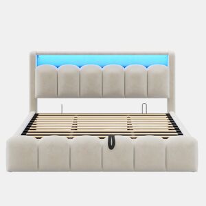 Cama multifuncional 180x200 cm - Função hidráulica, portas USB e LED, design em pétalas - Bege