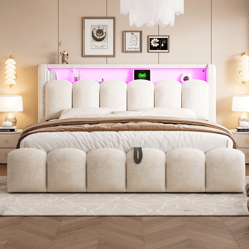 Cama multifuncional 180x200 cm - Função hidráulica, portas USB e LED, design em pétalas - Bege Cama multifuncional 180x200 cm - Função hidráulica, portas USB e LED, design em pétalas - Bege