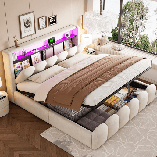 Cama multifuncional 180x200 cm - Função hidráulica, portas USB e LED, design em pétalas - Bege Cama multifuncional 180x200 cm - Função hidráulica, portas USB e LED, design em pétalas - Bege
