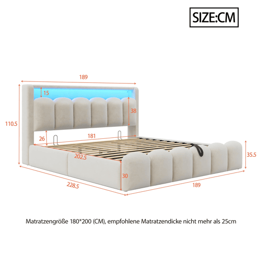 Cama multifuncional 180x200 cm - Função hidráulica, portas USB e LED, design em pétalas - Bege Cama multifuncional 180x200 cm - Função hidráulica, portas USB e LED, design em pétalas - Bege