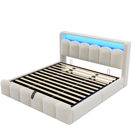 Cama multifuncional 180x200 cm - Função hidráulica, portas USB e LED, design em pétalas - Bege Cama multifuncional 180x200 cm - Função hidráulica, portas USB e LED, design em pétalas - Bege