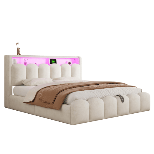 Cama multifuncional 180x200 cm - Função hidráulica, portas USB e LED, design em pétalas - Bege Cama multifuncional 180x200 cm - Função hidráulica, portas USB e LED, design em pétalas - Bege