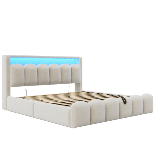 Cama multifuncional 180x200 cm - Função hidráulica, portas USB e LED, design em pétalas - Bege Cama multifuncional 180x200 cm - Função hidráulica, portas USB e LED, design em pétalas - Bege