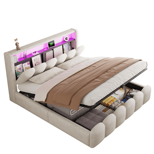 Cama multifuncional 180x200 cm - Função hidráulica, portas USB e LED, design em pétalas - Bege Cama multifuncional 180x200 cm - Função hidráulica, portas USB e LED, design em pétalas - Bege