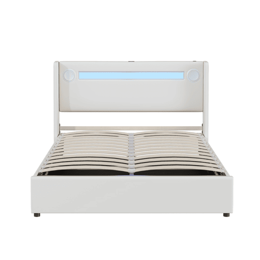 Cama estofada 140x200 cm - com luz LED, Bluetooth, carregamento USB, caixa de armazenamento, branca