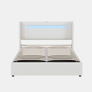 Cama estofada 140x200 cm - com luz LED, Bluetooth, carregamento USB, caixa de armazenamento, branca