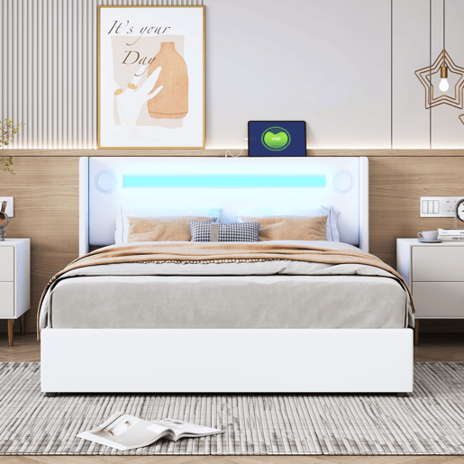 Cama estofada 140x200 cm - com luz LED, Bluetooth, carregamento USB, caixa de armazenamento, branca