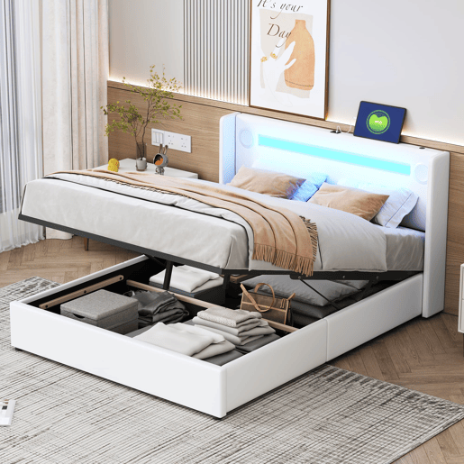 Cama estofada 140x200 cm - com luz LED, Bluetooth, carregamento USB, caixa de armazenamento, branca