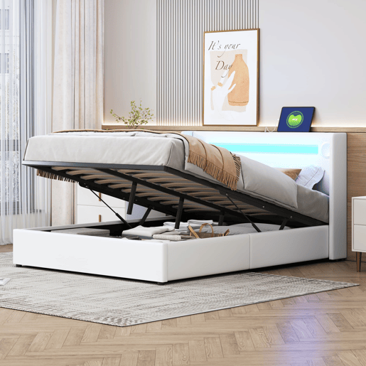 Cama estofada 140x200 cm - com luz LED, Bluetooth, carregamento USB, caixa de armazenamento, branca