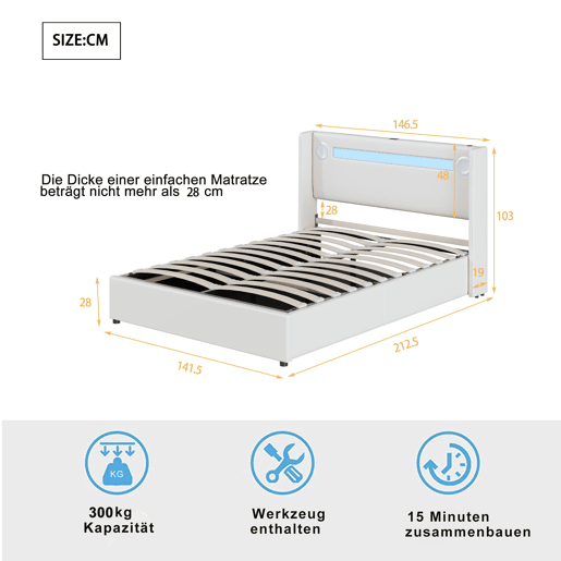 Cama estofada 140x200 cm - com luz LED, Bluetooth, carregamento USB, caixa de armazenamento, branca