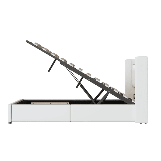 Cama estofada 140x200 cm - com luz LED, Bluetooth, carregamento USB, caixa de armazenamento, branca
