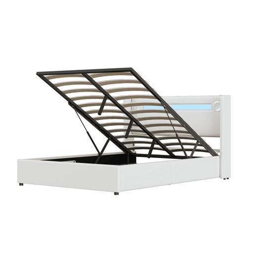 Cama estofada 140x200 cm - com luz LED, Bluetooth, carregamento USB, caixa de armazenamento, branca