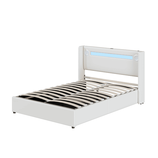 Cama estofada 140x200 cm - com luz LED, Bluetooth, carregamento USB, caixa de armazenamento, branca