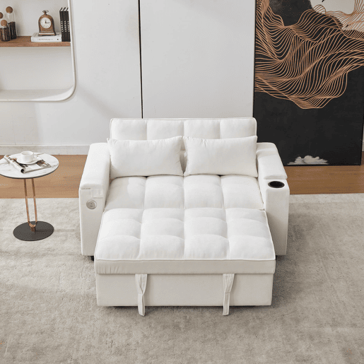 Sofá-cama 140,5 x 74 x 82 cm - 3 em 1, com encosto ajustável, USB, mesa oculta, porta-copos - Bege Sofá-cama 140,5 x 74 x 82 cm - 3 em 1, com encosto ajustável, USB, mesa oculta, porta-copos - Bege