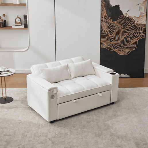Sofá-cama 140,5 x 74 x 82 cm - 3 em 1, com encosto ajustável, USB, mesa oculta, porta-copos - Bege Sofá-cama 140,5 x 74 x 82 cm - 3 em 1, com encosto ajustável, USB, mesa oculta, porta-copos - Bege