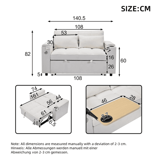 Sofá-cama 140,5 x 74 x 82 cm - 3 em 1, com encosto ajustável, USB, mesa oculta, porta-copos - Bege Sofá-cama 140,5 x 74 x 82 cm - 3 em 1, com encosto ajustável, USB, mesa oculta, porta-copos - Bege