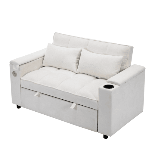 Sofá-cama 140,5 x 74 x 82 cm - 3 em 1, com encosto ajustável, USB, mesa oculta, porta-copos - Bege Sofá-cama 140,5 x 74 x 82 cm - 3 em 1, com encosto ajustável, USB, mesa oculta, porta-copos - Bege