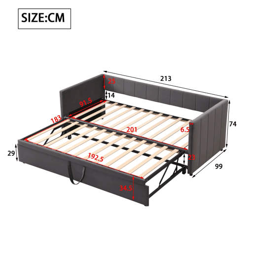 Sofá-cama 90180x200 cm - Com estrado de ripas, multifuncional, veludo cinzento